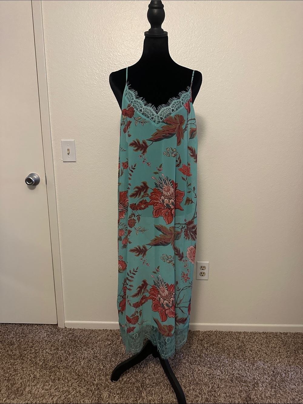 Soft Surroundings Teal and Rust Floral Lace-Trim Slip